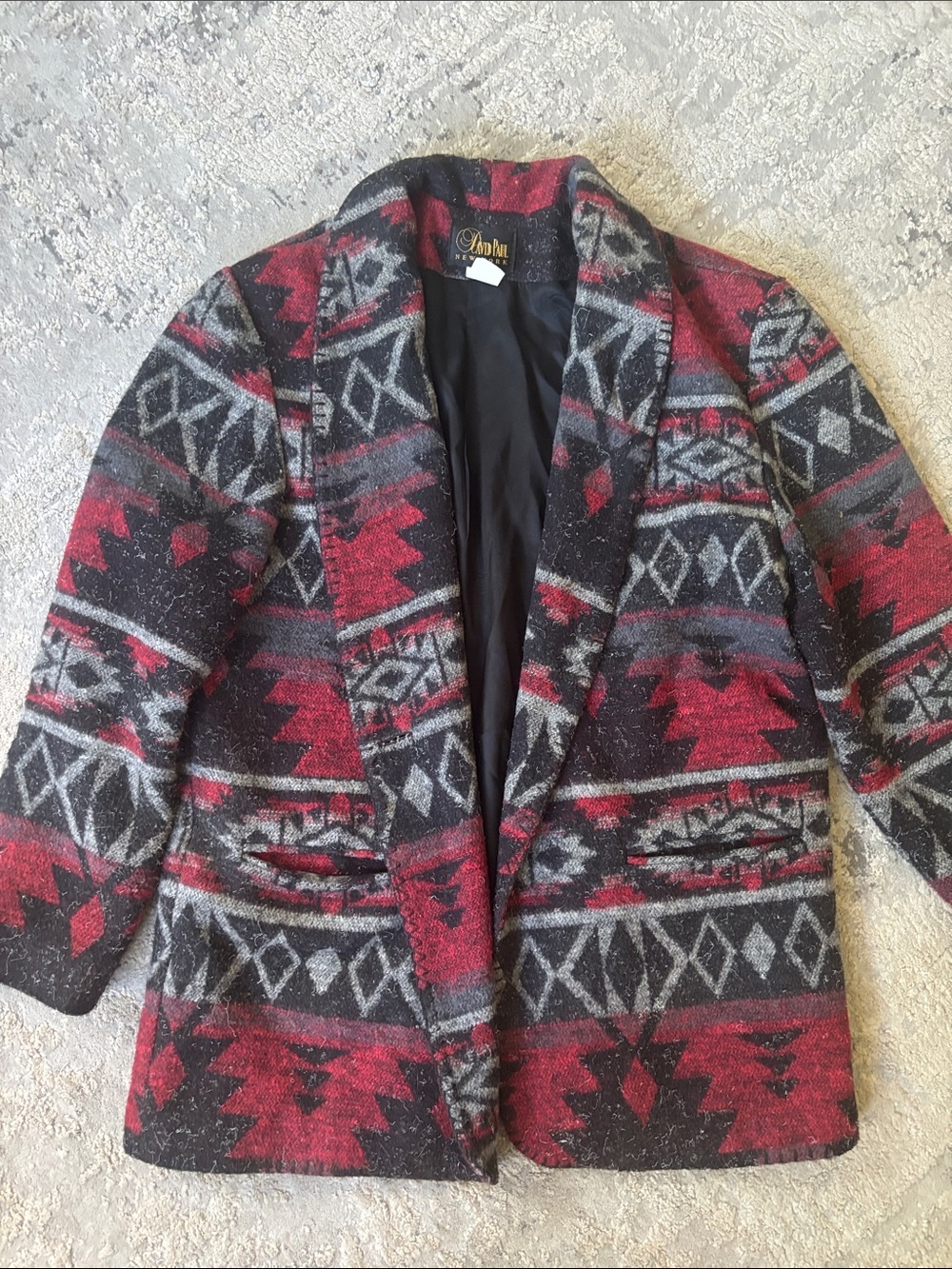 Embellished Aztec-Print Red & Black Open Blazer